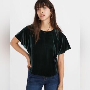 MADEWELL Green Velvet Butterfly Preppy Holiday Short Sleeve Top Size L